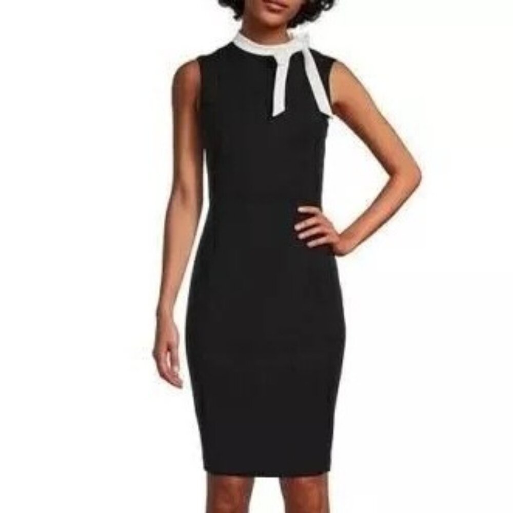 New Calvin Klein Elegant BLACK/WHITE Tie Neck Sheath @ Work Dress size 10 last 1